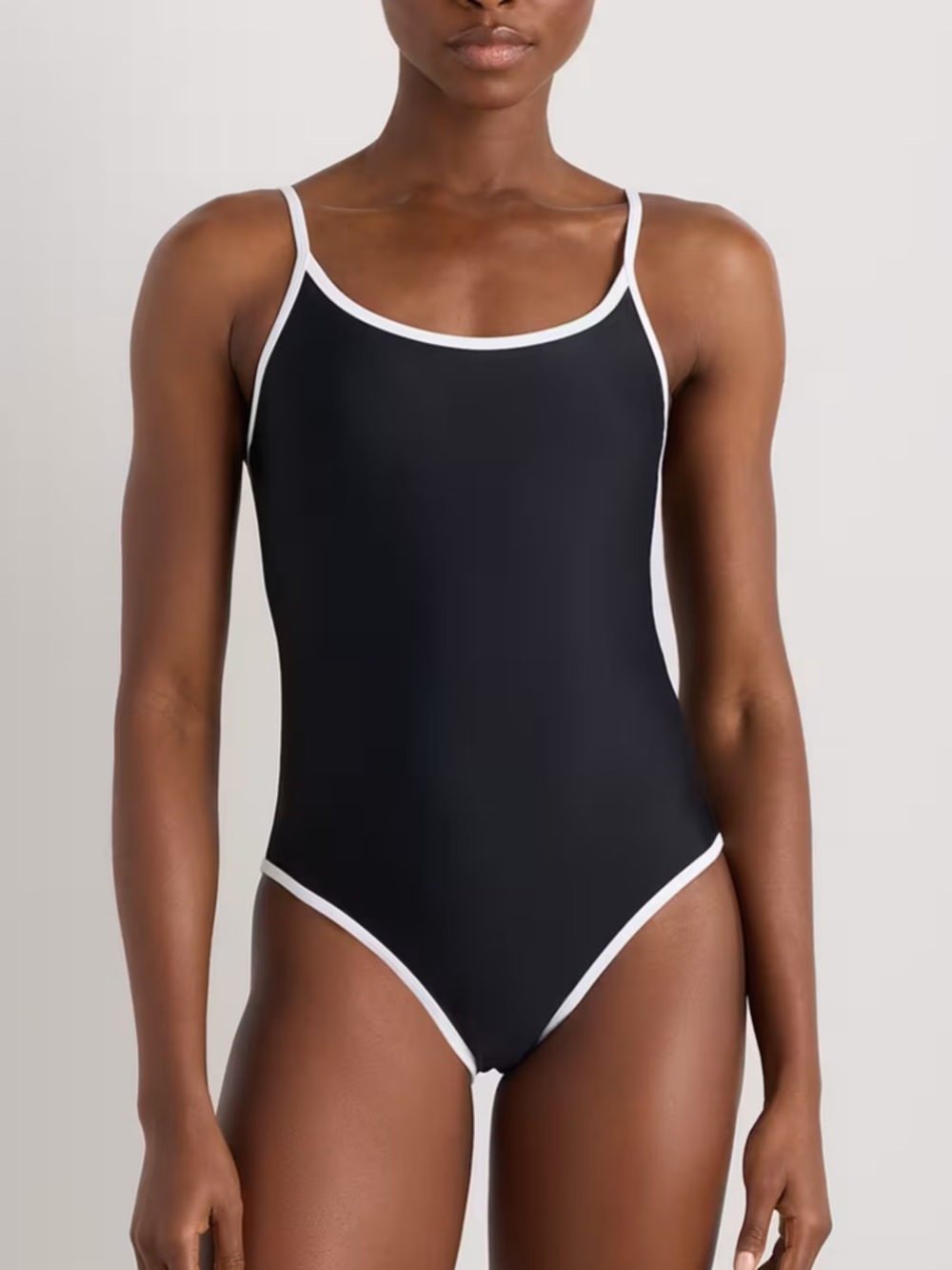 Quince Italian Cami Black One-Piece Swimsuit White Trim Size M Moderate NWT